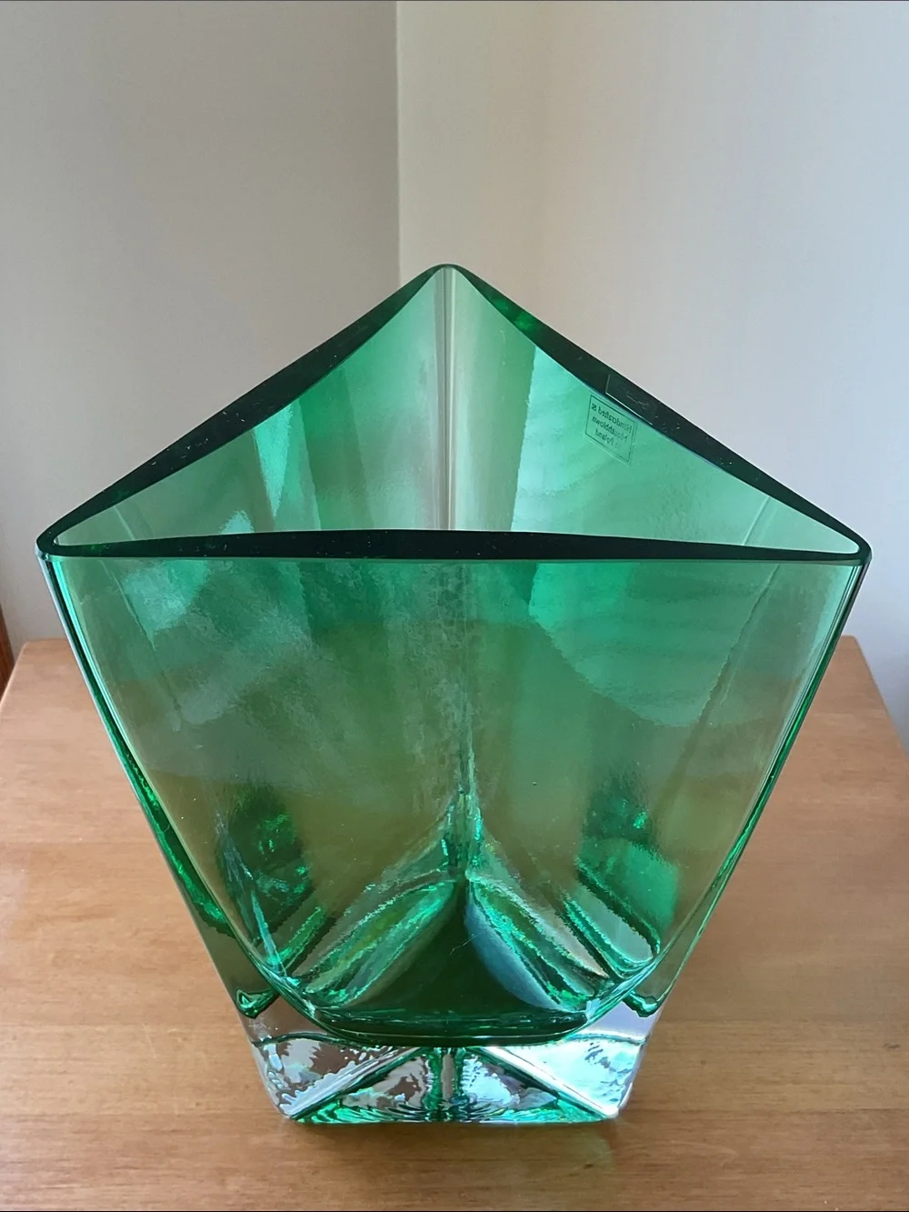 Triangular Green Vase, Glassworks Krosno, Poland 8.5” Tall
